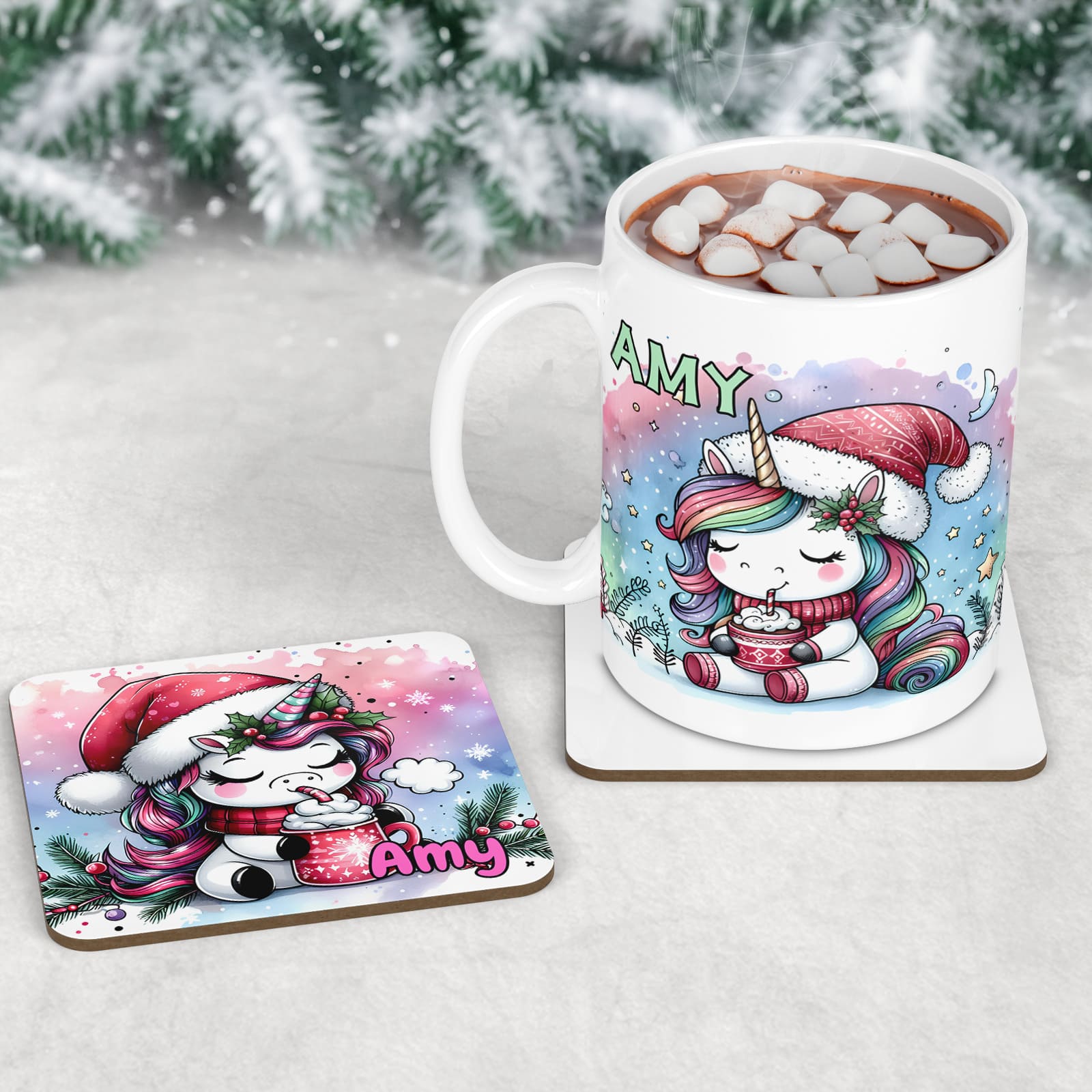 Cute Christmas Unicorn Mug and coaster for children. Colourful unicorns wearing santa hat and drinking hot chocolate. Personalised with childs name