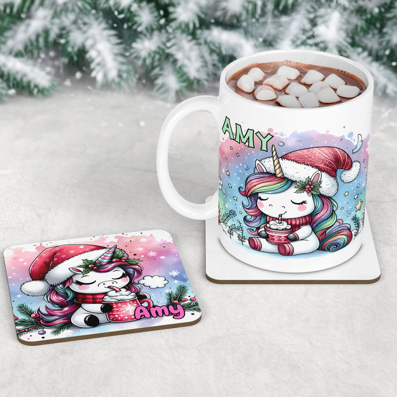 Cute Christmas Unicorn Mug and coaster for children. Colourful unicorns wearing santa hat and drinking hot chocolate. Personalised with childs name