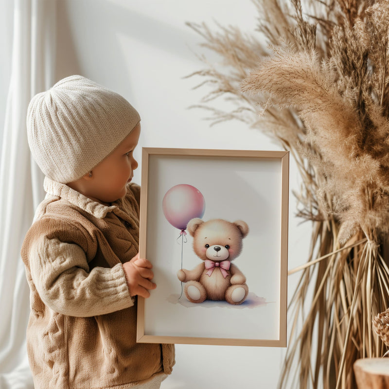 Set of three A4 prints in watercolour style. Each print depicts a teddy bear in a different scene: one teddy bear is holding a balloon, another is surrounded by counting blocks, and the third is near a mobile.
