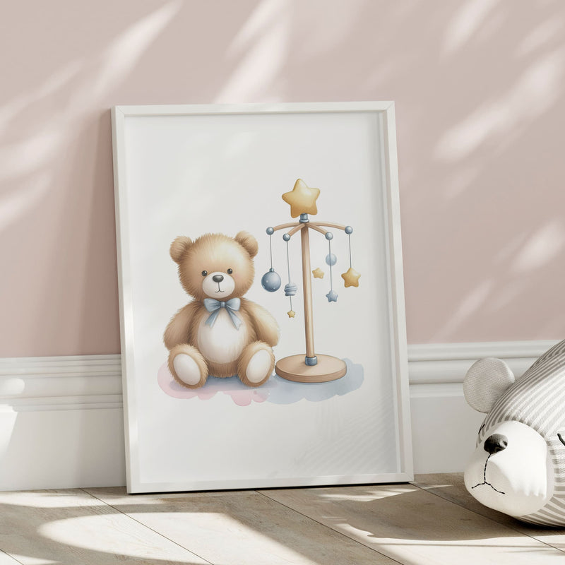 Set of three A4 prints in watercolour style. Each print depicts a teddy bear in a different scene: one teddy bear is holding a balloon, another is surrounded by counting blocks, and the third is near a mobile.