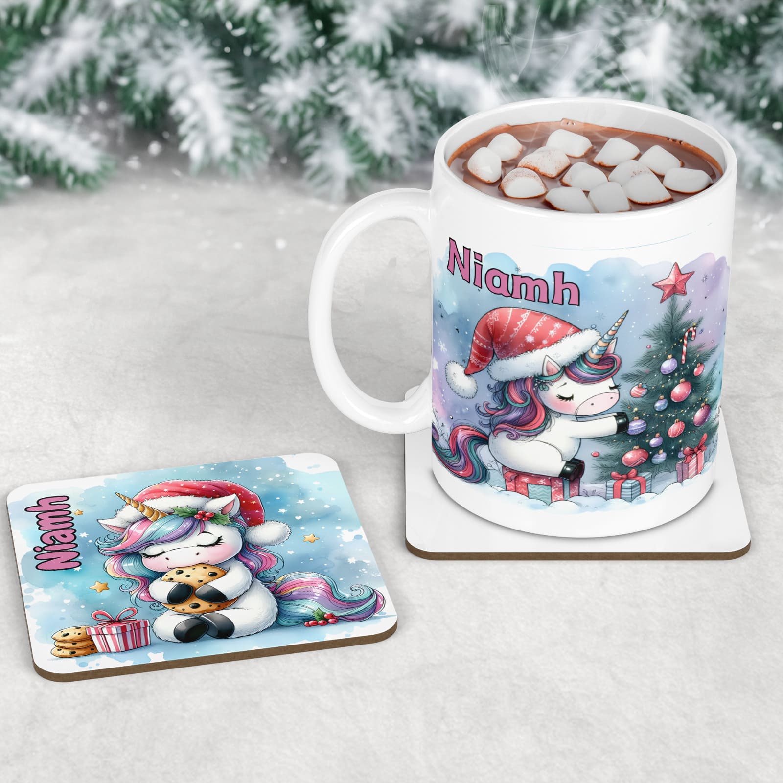 Childrens Christmas Dinner Table Set -  Coaster and Placemat with cute Christmas Unicorn designs and personalised with Childs Name
