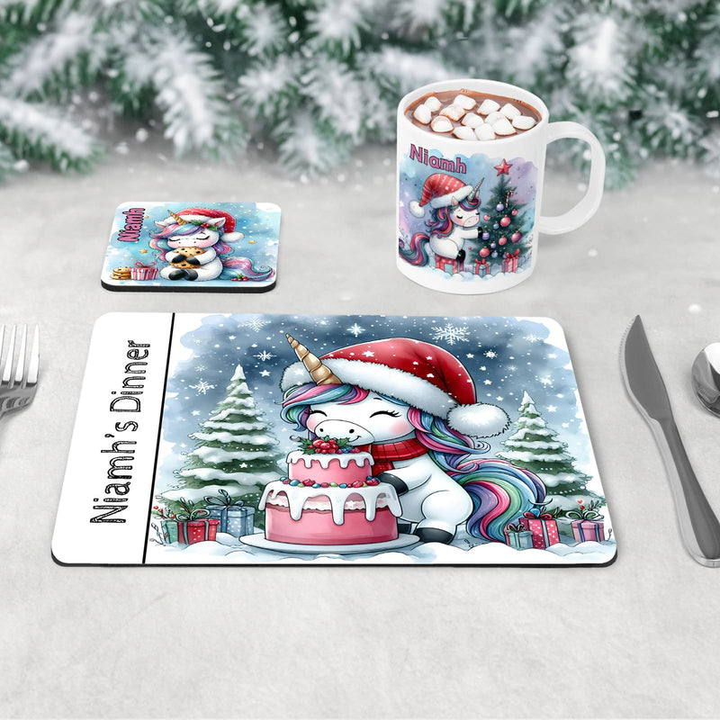 Childrens Christmas Dinner Table Set -  Coaster and Placemat with cute Christmas Unicorn designs and personalised with Childs Name