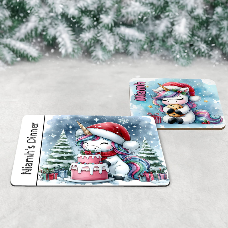 Childrens Christmas Dinner Table Set -  Coaster and Placemat with cute Christmas Unicorn designs and personalised with Childs Name