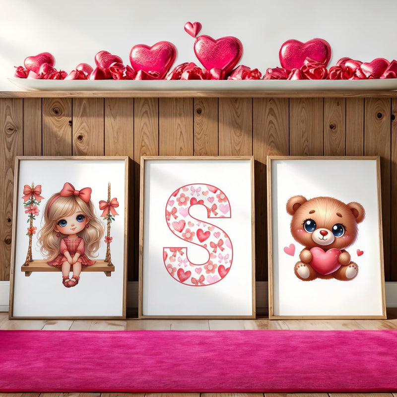 Three Valentines Theme Prints - one teddy bear, one patterned initial letter, one cartoon anime style girl with blonde hair on a wooden swing