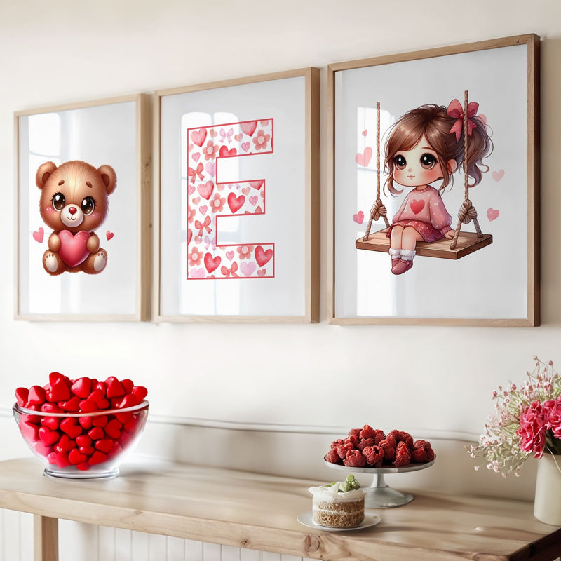 Three Valentines Theme Prints - one teddy bear, one patterned initial letter, one cartoon anime style girl with brown hair on a wooden swing