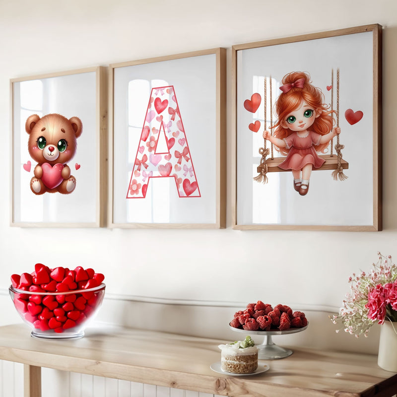 Three Valentines Theme Prints - one teddy bear, one patterned initial letter, one cartoon anime style girl with red ginger hair on a wooden swing