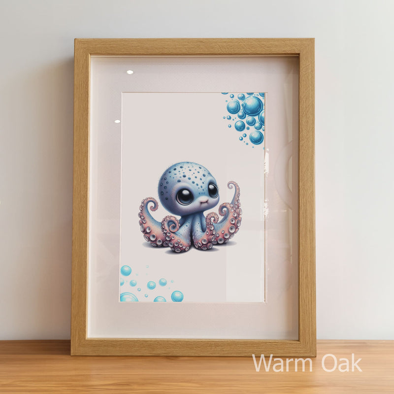 Framed artwork of a cute blue octopus with bubbles inside a wooden frame.