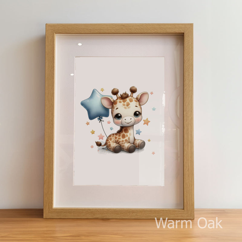 Framed artwork of a cute giraffe holding a blue star balloon on a white background.