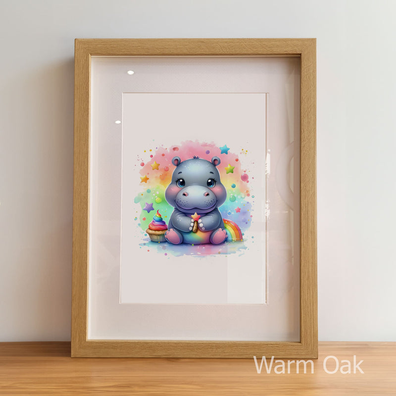 Framed artwork of a cartoon hippo with rainbow elements on a white background
