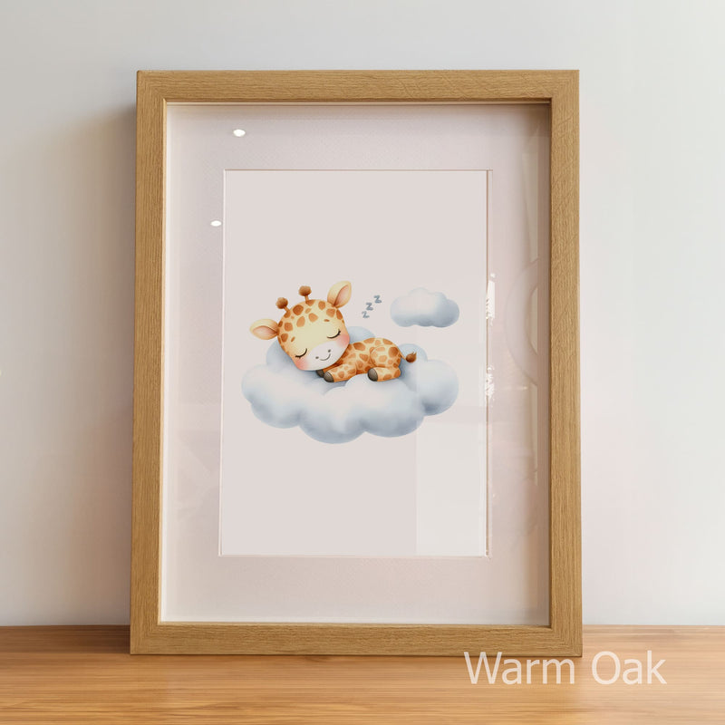 Framed artwork of a giraffe on a cloud with 'Warm Oak' frame.