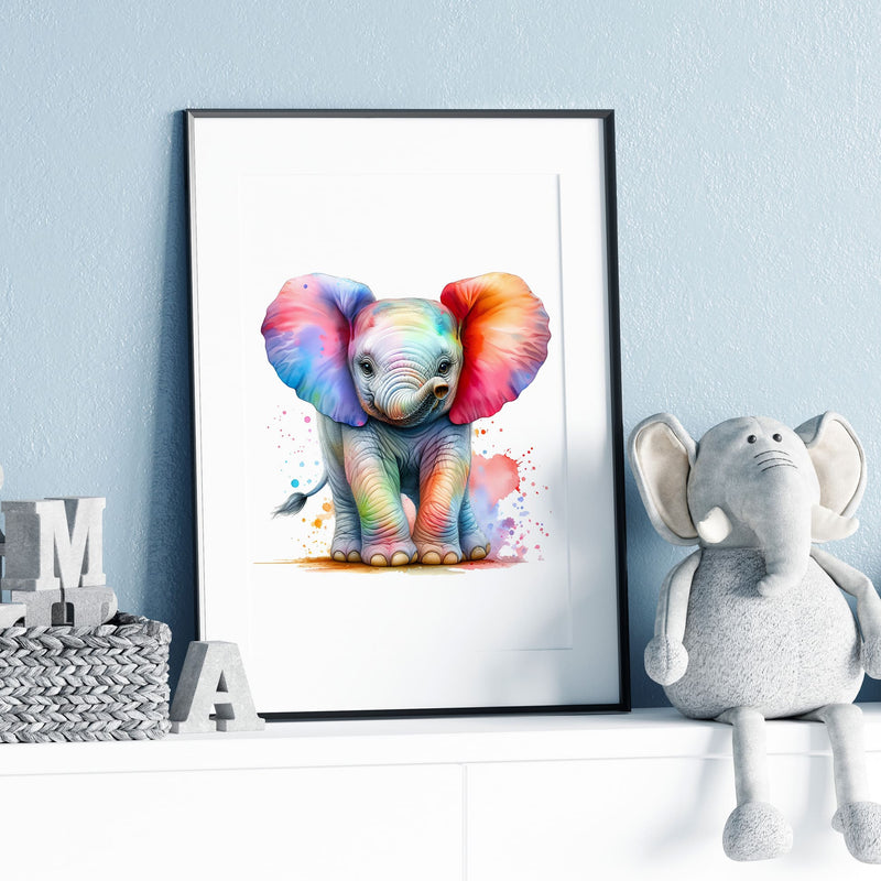 Set of four A4 prints featuring multicoloured animals - elephant, giraffe, tiger cub, and panda. The animals are depicted in a vibrant watercolour style with multiple colours. The prints are very bright and colourful, adding a lively touch to any space.