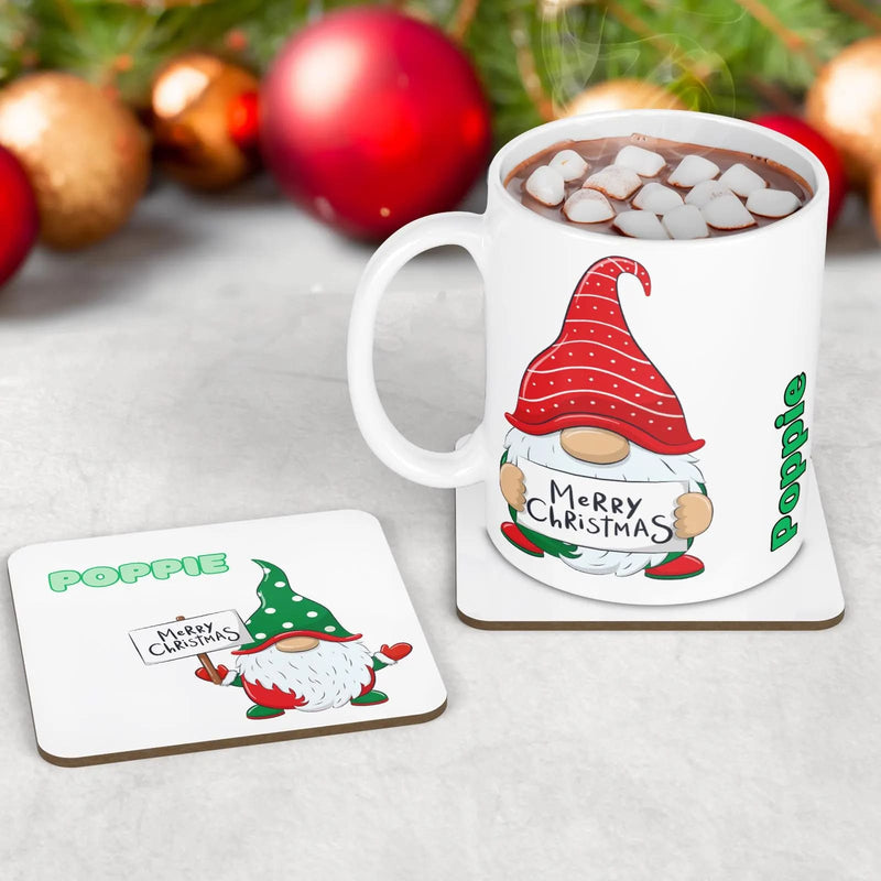 Childrens table wear set of 3 - mug, coaster and placemat featuring vibrant fun christmas gonk design on a white background. Personalised with childs name