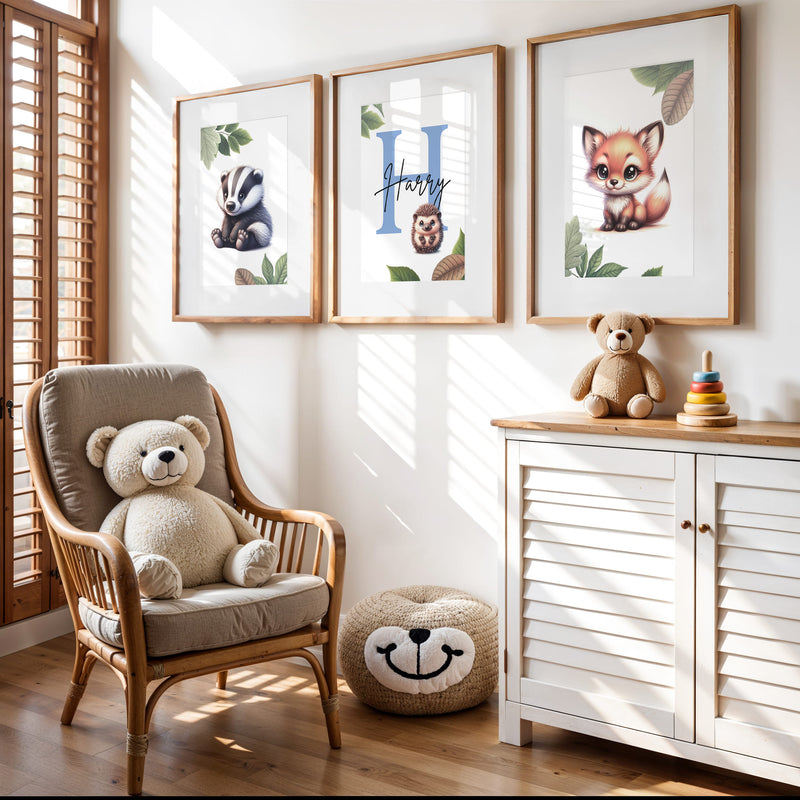 Woodland Animal Art Set | Personalised Nursery Prints Set of 3