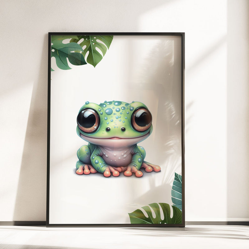 Set of three A4 prints featuring reptiles/amphibians - tree frog, lizard, and snake. The animals are depicted in a cartoony, bright style resembling coloured pencil drawings. Jungle-style leaves decorate the edges of the prints. The middle print features a smaller animal than the others, with a large initial letter in the background. A personalised name in black overlays the initial letter.