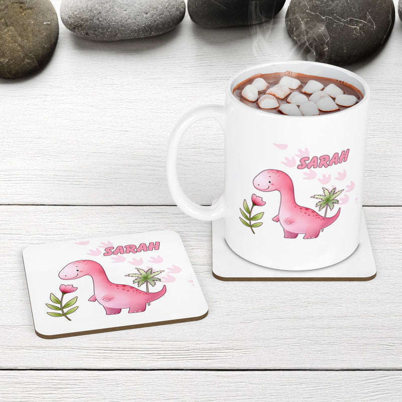 White Mug and Coaster Set with Cute friendly pink dinosaur , flower and dinosaur prints. Personalised with Childs name