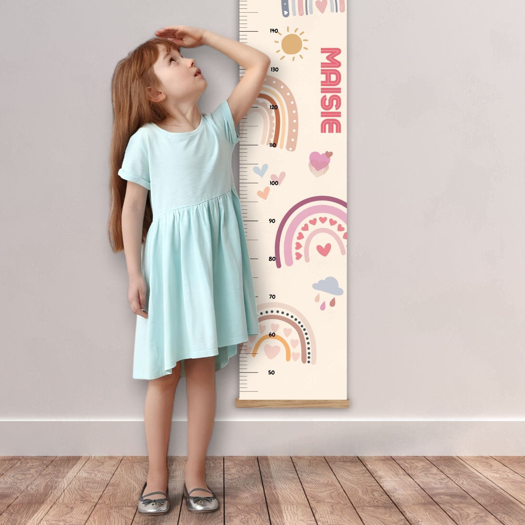 Neutral Coloured Boho Design personalised height chart for kids, featuring sweet rainbow and heart designs. Perfect for tracking your child's growth in a fun and adventurous way.