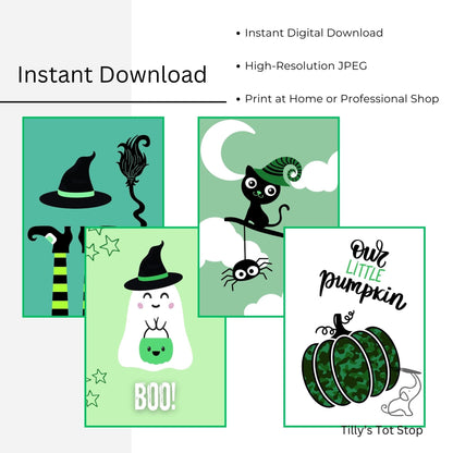 Printable Halloween Children's Decor - Set of 8 Prints in Green