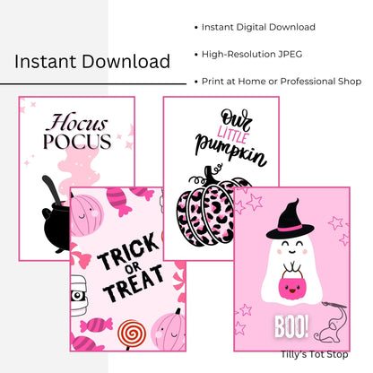 Printable Halloween Children's Decor - Set of 8 Prints in Pink