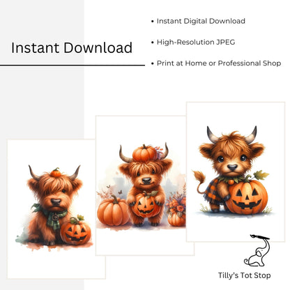 Printable Highland Cow Halloween Wall Art - Set of 3 Digital Prints