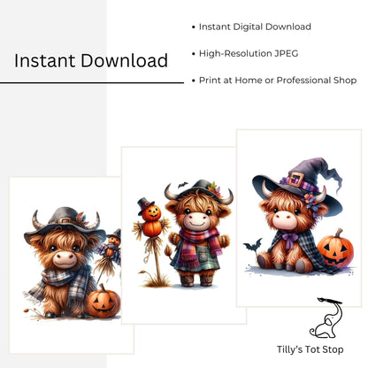 Printable Highland Cow Halloween Wall Art – Witch, Pumpkin & Scarecrow Set