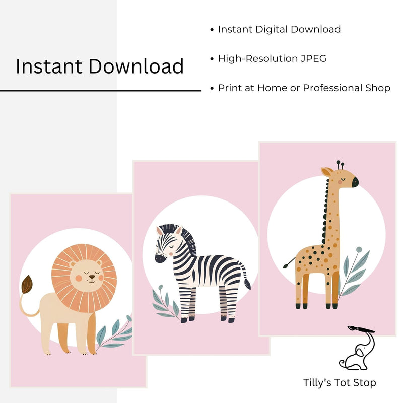 Printable Pink Minimalist Safari Nursery Wall Art - Instant Download