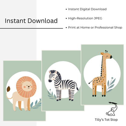 Printable Green Minimalist Safari Nursery Wall Art - Instant Download