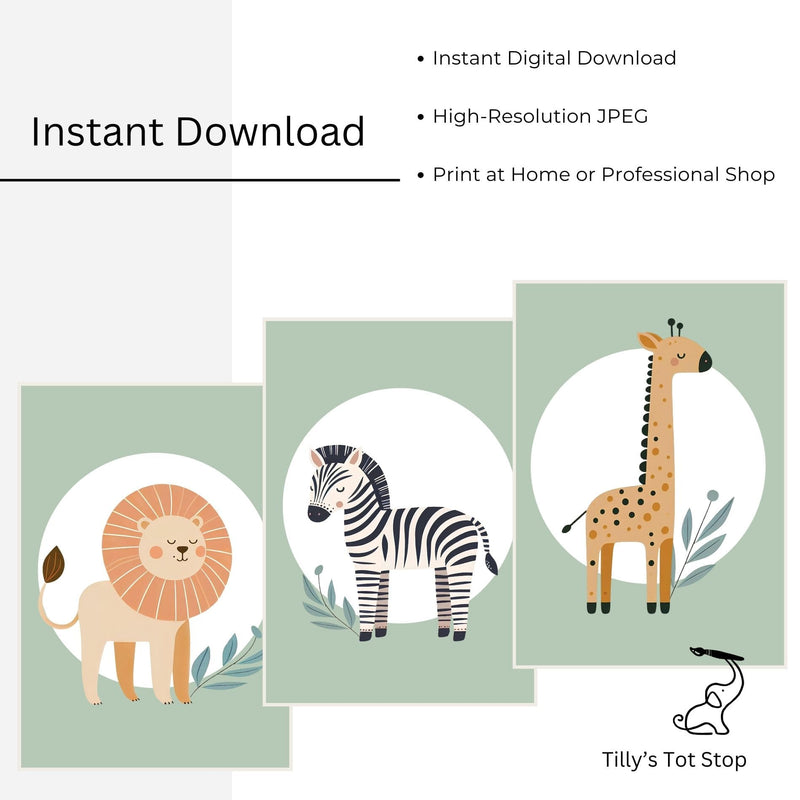 Printable Green Minimalist Safari Nursery Wall Art - Instant Download