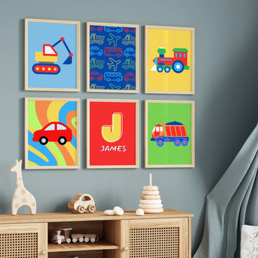 Set of Six A6 Prints. Multicoloured prints showing various modes of transport. Simple design suited for young children. One print is personalised with Childs name and initial