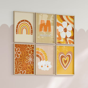 Set of six A6 Prints. All in shades of yellow/brown/orange with boho designs - heart, flower, rainbows. One print is personalised with childs name and initial