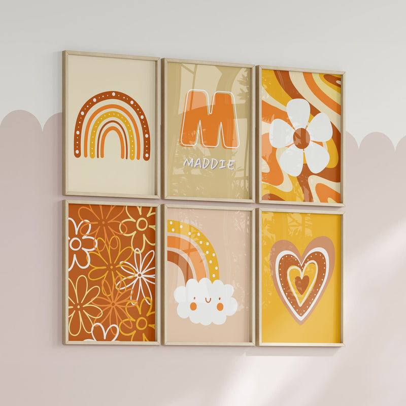 Set of six A6 Prints. All in shades of yellow/brown/orange with boho designs - heart, flower, rainbows. One print is personalised with childs name and initial