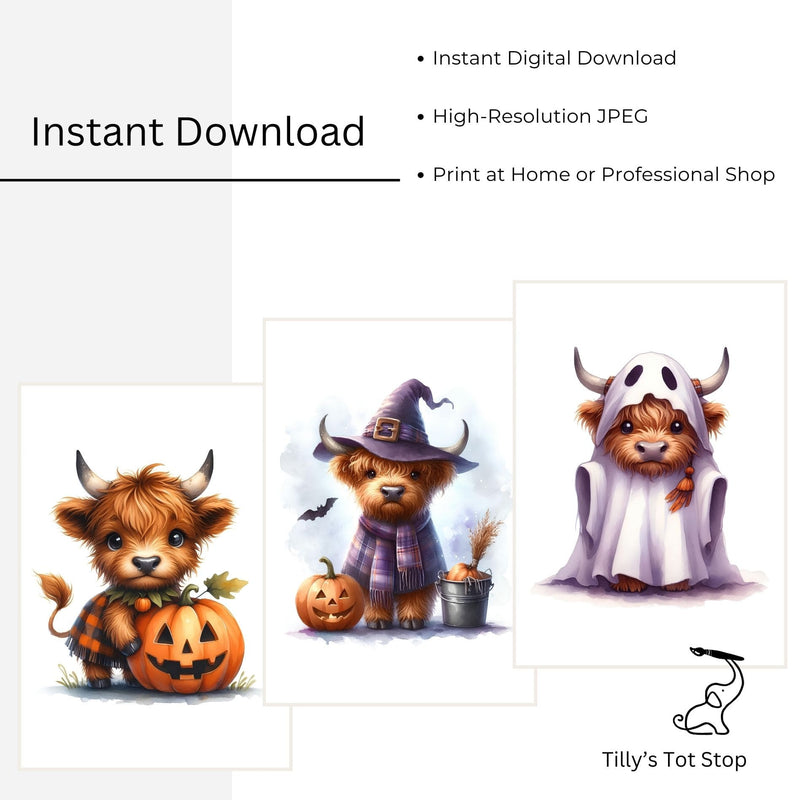 Printable Highland Cow Halloween Wall Art - Pumpkin, Witch & Ghost Set