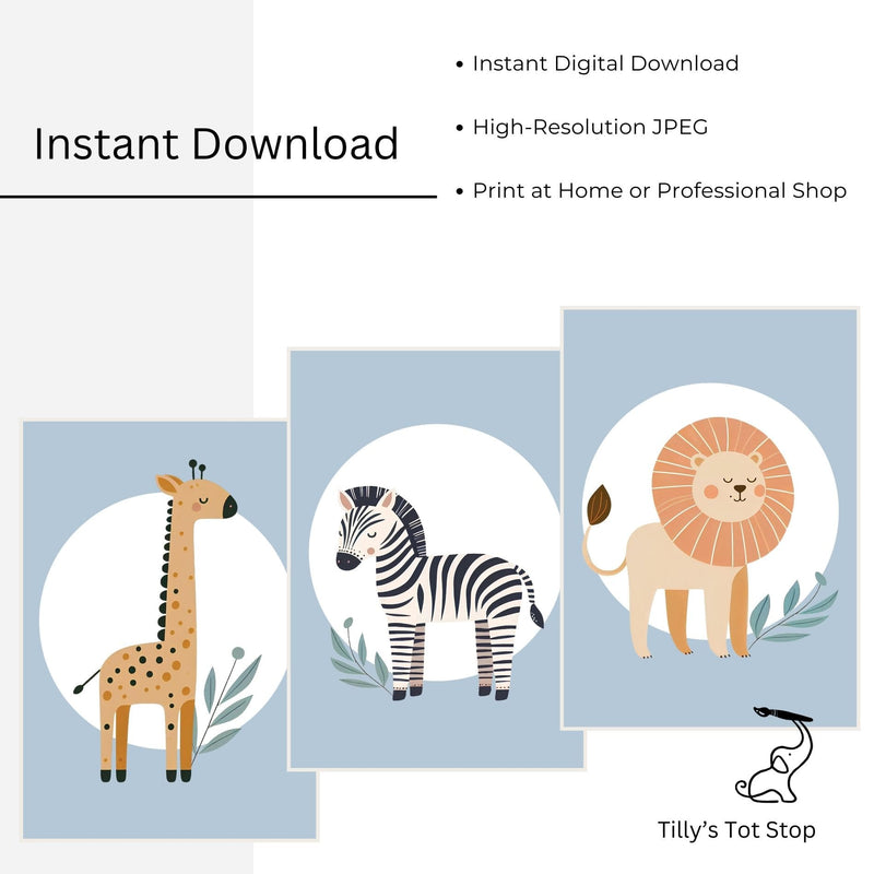 Printable Blue Minimalist Safari Nursery Wall Art - Instant Download