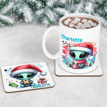 Childrens Christmas Mug & Coaster Set. Personalised with Childs name and featuring cute, bright alien in santa hat designs