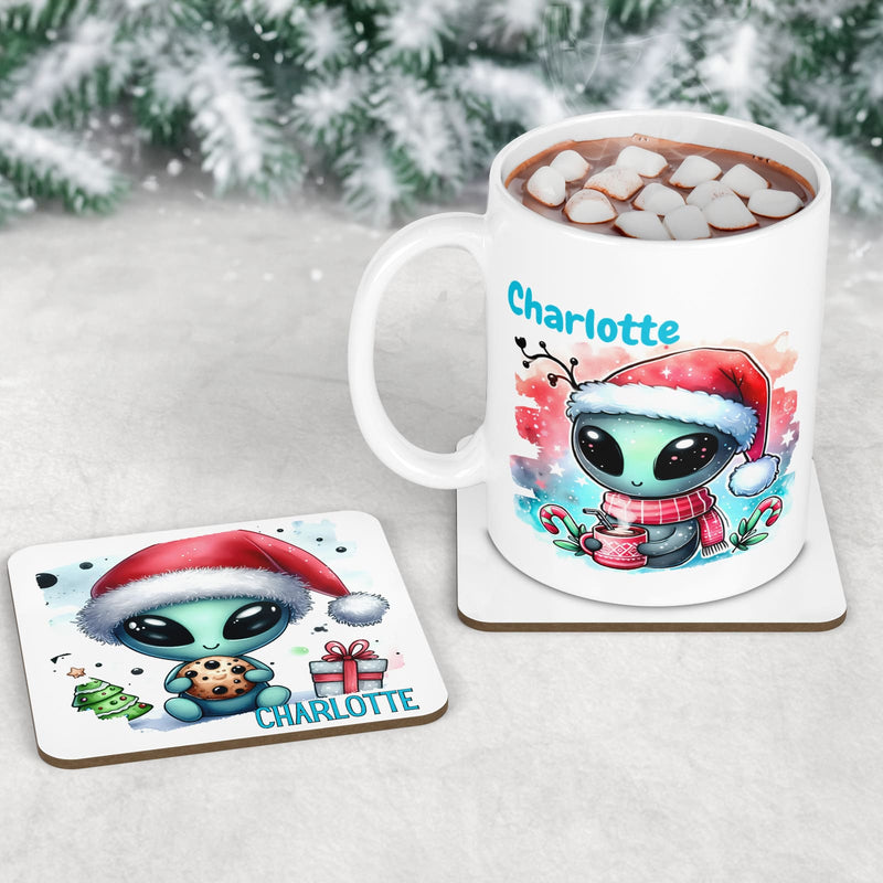 Childrens Christmas Mug & Coaster Set. Personalised with Childs name and featuring cute, bright alien in santa hat designs