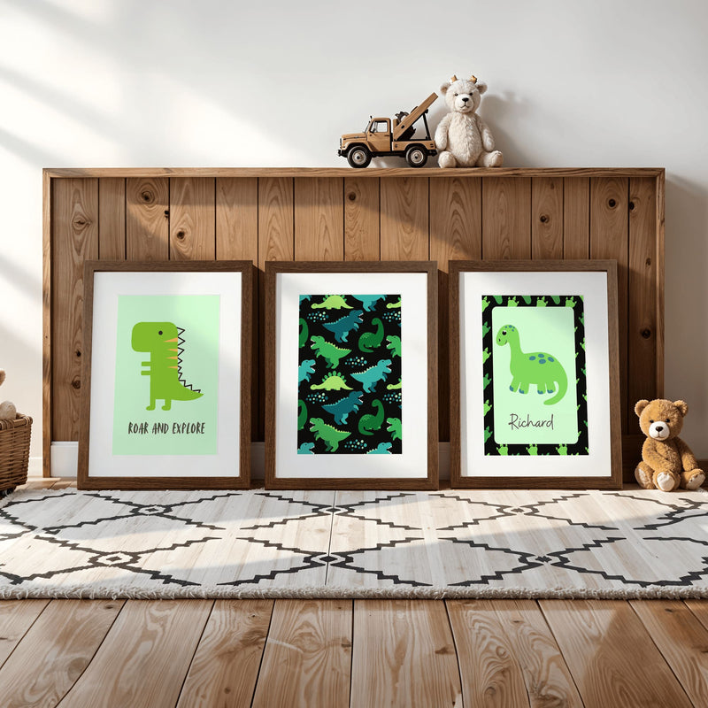 Jurassic Green Delight | Personalised Nursery Prints Set of 3