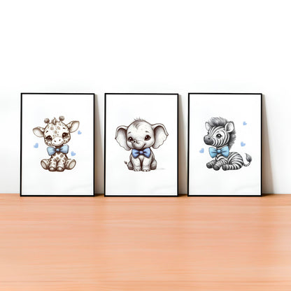 Set of three A4 prints in the style of pencil drawings. Each print features a cartoon baby giraffe, baby elephant, and baby zebra in black and white. They all wear a blue bow, with a few small blue hearts in the background.