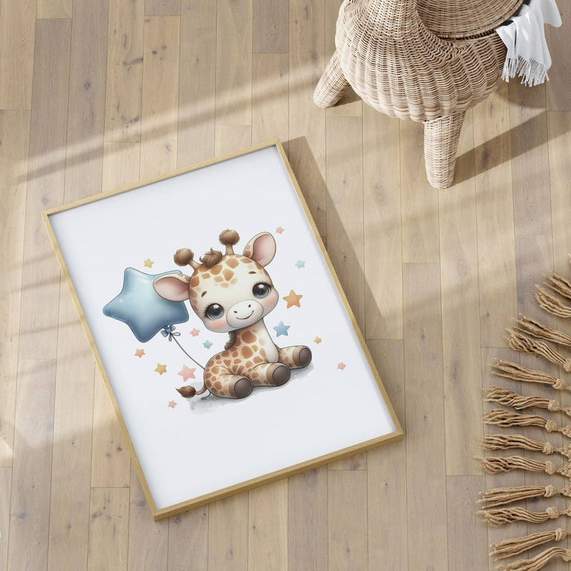 A4 Nursery Print of a cute baby giraffe holding star shaped balloon. Style of watercolour painting