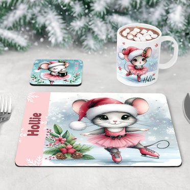 Cute Christmas Table set for children - mug, coaster and placemat. Each features an iceskating / ballerina mouse dressed in pink, with a santa hat and personalised with childs name