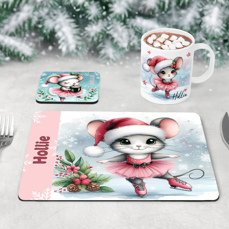 Cute Christmas Table set for children - mug, coaster and placemat. Each features an iceskating / ballerina mouse dressed in pink, with a santa hat and personalised with childs name