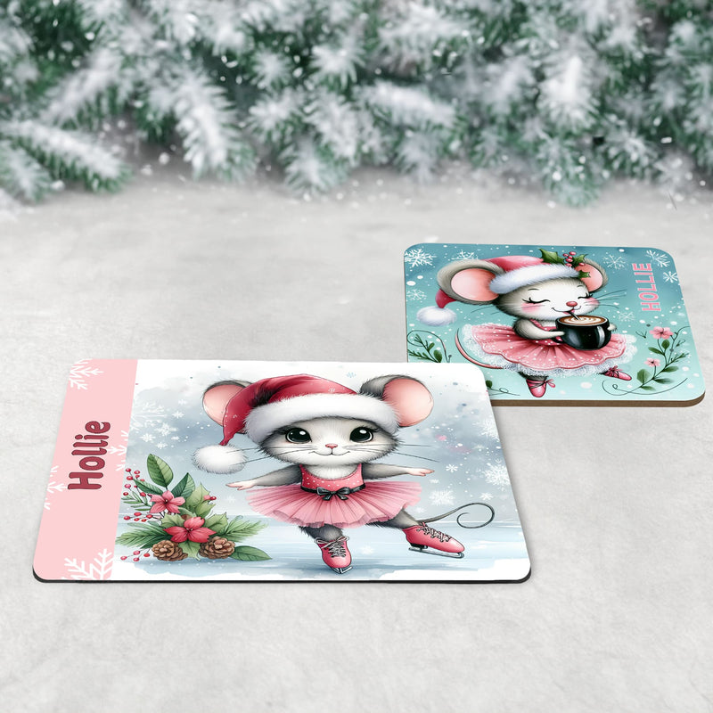 Cute Christmas Table set for children - mug, coaster and placemat. Each features an iceskating / ballerina mouse dressed in pink, with a santa hat and personalised with childs name