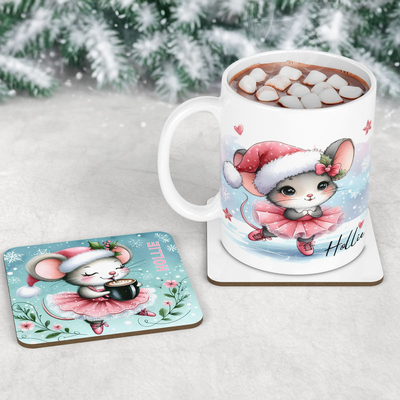Cute Christmas Table set for children - mug, coaster and placemat. Each features an iceskating / ballerina mouse dressed in pink, with a santa hat and personalised with childs name