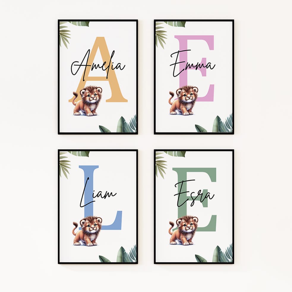 Image featuring four prints, each with a small lion cub image overlaid on a large initial in the background. The initials in each print are of different colours, with a personalised name written across them.