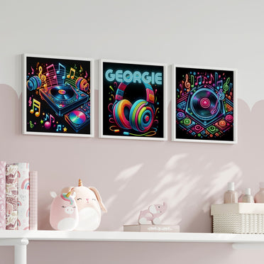 Set of 3 Square Nursery/Bedroom Prints, featuring vibrant, Neon DJ inspired Images on a black background