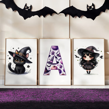 Set of 3 Cute Anime Kawaii Style Childrens Art - featuring a witch with black hair and brown eyes, black cat with brown eyes, personalised letter filled with purple witches hats, pumpkins and bat pattern