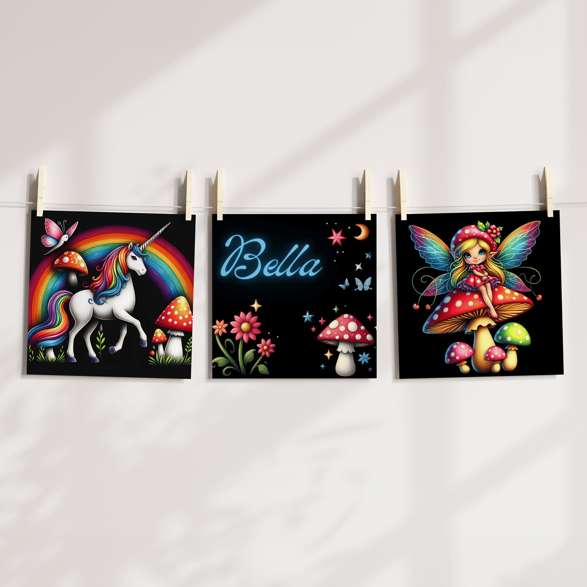 Three black square nursery prints. Featuring bright, colourful illustrations showing unicorn, fairy, rainbow, toadstools against black background. One print is personalised with your child's name