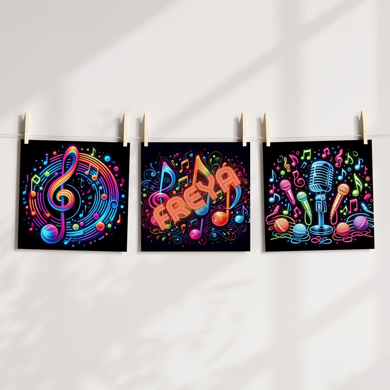 Set of Three Square Nursery Prints. Black background with bright neon style images with a musical note/microphone theme. One print is personalised with a name
