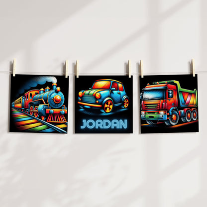 Three square nursery prints. Images show colourful, multicoloured truck, train and car against a black background, One print is personalised with childs name in a neon style font