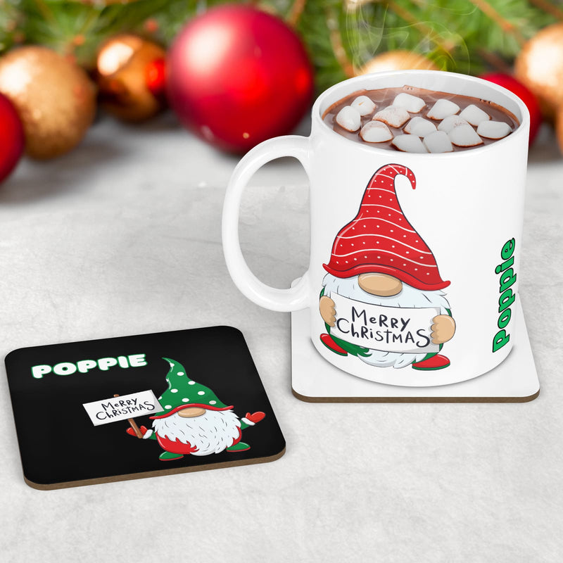 Childrens table wear set of 3 - mug, coaster and placemat featuring vibrant fun christmas gonk design on a black background (mug white background) Personalised with childs name