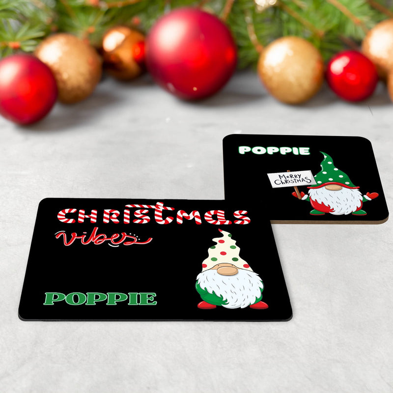 Childrens table wear set of 3 - mug, coaster and placemat featuring vibrant fun christmas gonk design on a black background (mug white background) Personalised with childs name