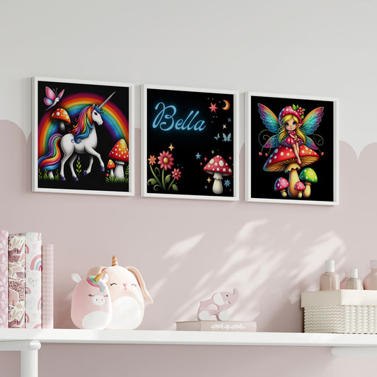 Three black square nursery prints. Featuring bright, colourful illustrations showing unicorn, fairy, rainbow, toadstools against black background. One print is personalised with your child's name